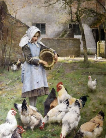 Die Hühner füttern 1885