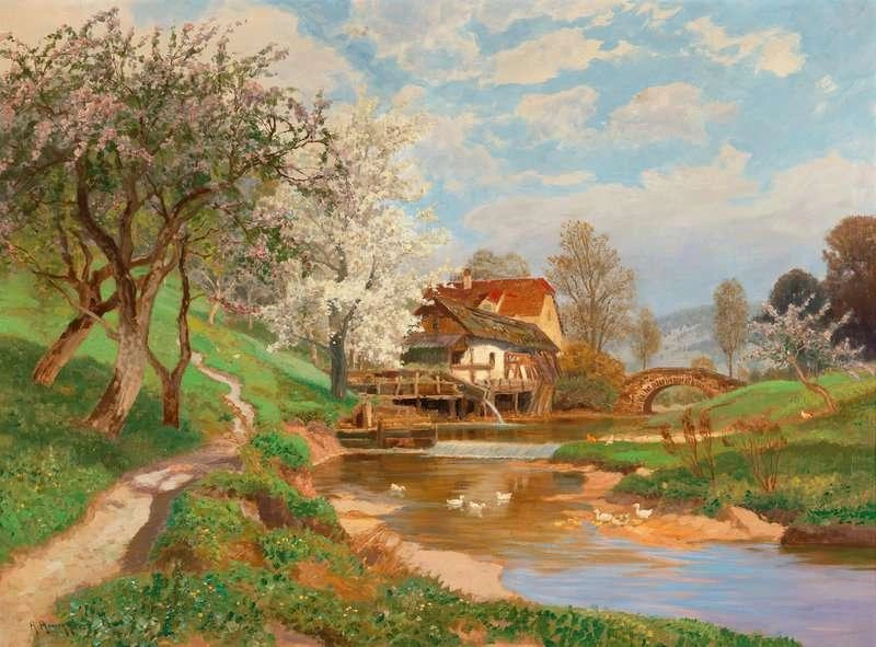 アヒルと花の咲く木々の春の風景 by アロイス・アルネガー 油絵複製販売