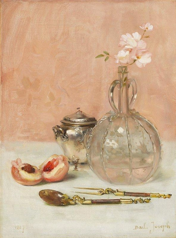 ガラスの水差しに花のある静物画 銀の砂糖ボウル フォーク スプーンと桃 1887 by ジョセフ・ベイル 油絵複製販売