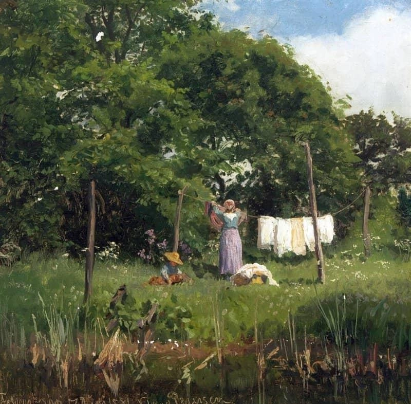 洗濯物を干す女性のいる庭の風景 1884 by ヴィゴ・ペダーセン 油絵複製販売