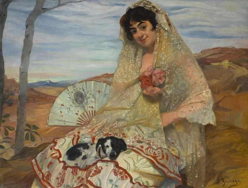 犬と座っている女性 by イグナシオ・スロアガ・イ・サバレタ 油絵複製販売