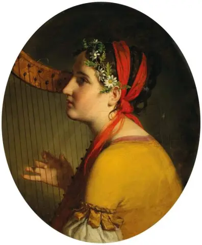 Retrato de uma senhora com harpa e margaridas no cabelo