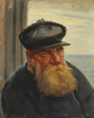 Een oude visser in een deuropening met de zee op de achtergrond Skagen 1912