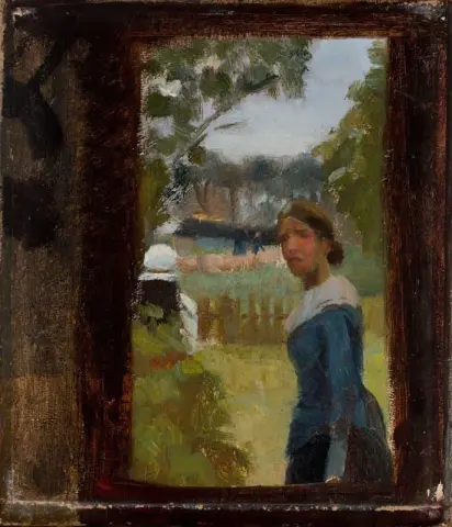 Anna Ancher I Forhaven P Markvej. Bestudeer Anna Ancher in de voortuin van Markvej. Studie