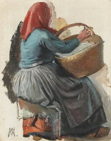 Teruggedraaide Vrouw Met Een Mand Die Een Rode Hoofddoek Draagt