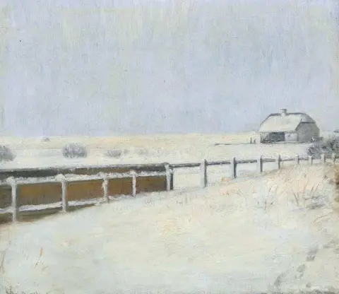 Cercas e uma casa de campo na neve em Skagen