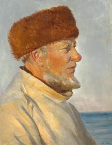 Fiskare Från Skagen Med Pälsmössa I Solljus På Stranden