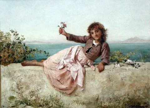 A Flower Seller In Capri Italy Ca. 1875