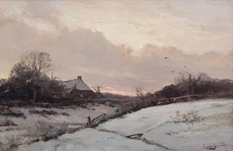 A Farm In A Snowy Landscape At Sunset