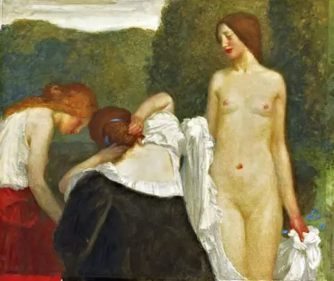 Tre flickor som förbereder sig för att bada 1901