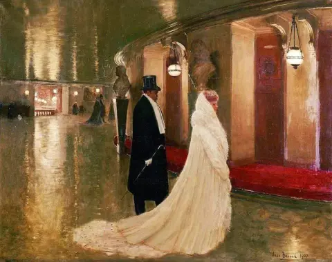 Ein elegantes Paar betritt 1907 eine Loge in der Pariser Oper