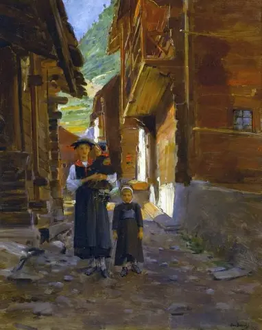 Junge Frau und Kinder in einer Berglandschaft