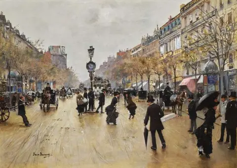 Szene aus den Grands Boulevards an einem regnerischen Tag