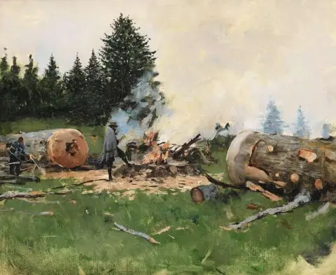 Holzfäller in einem Bergdorf