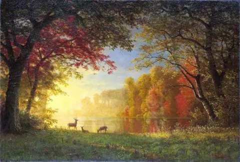 Indiase zonsondergangherten bij een meer, jaren 1880