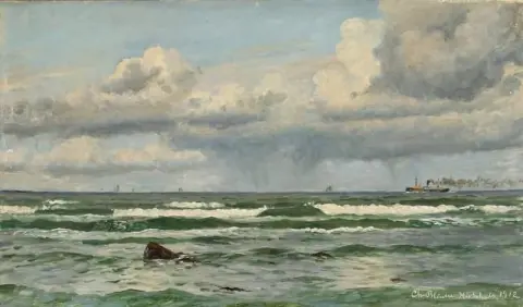 Paisagem marítima com navios à vela e um navio a vapor na costa de Hirtshals, 1912