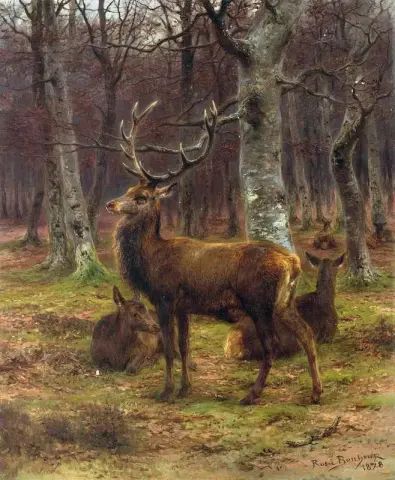Ciervos y venados en el bosque Otoño de 1878