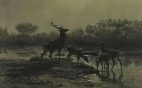 Ciervos bebiendo junto a un lago iluminado por la luna 1867
