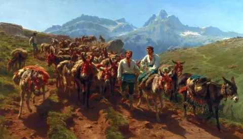 Arrieros españoles cruzando los Pirineos 1857
