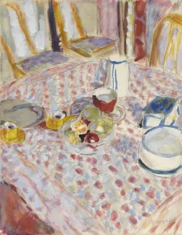 Stilleven op een rood geruit tafelkleed, ca. 1930-35