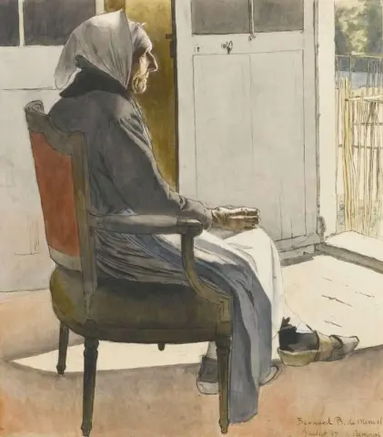 Ritratto di una vecchia contadina seduta davanti a un porto 1897