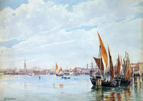 Boats On The Lagoon With The Doge S Palace In The Distance