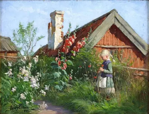 Flicka I Blommande Tradgard Med Stockrosor Och Vallmo 1885