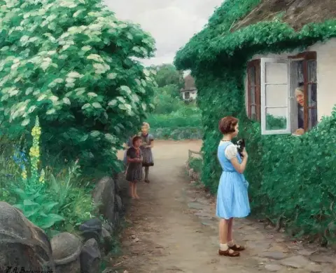 En sommardag Barn med en kattunge och en gammal kvinna vid fönstret 1936