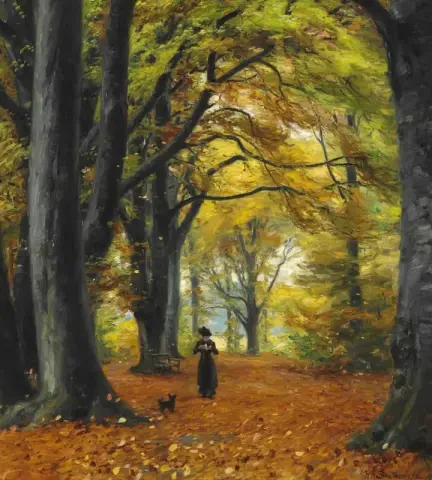Una giovane donna porta a spasso il cane in una foresta autunnale, 1910