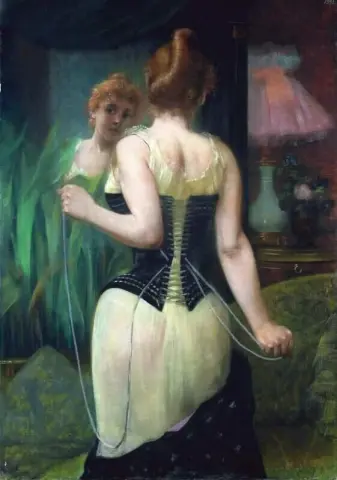 Jonge vrouw die haar korset aanpast, 1893
