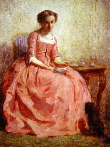 Chica Con Un Vestido Rosa Leyendo Con Un Perro