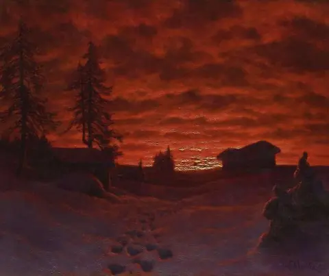 Solnedgang over et snølandskap 1923