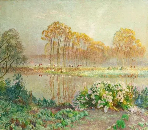 Landskap Med Damm Och Blomningar