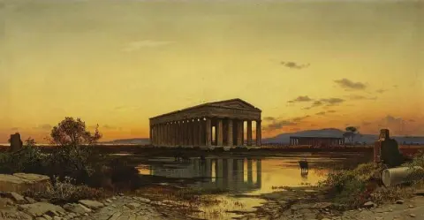 Neptunus tempel vid solnedgången Paestum Italien