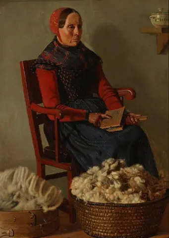 Interieur met een vrouw die wol kaardt, 1852