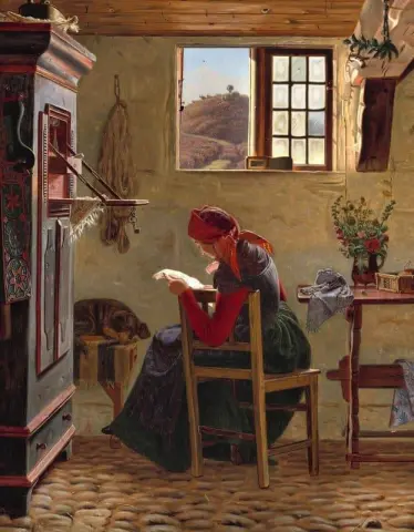 Boereninterieur met een jong meisje dat een brief leest bij het raam, 1852