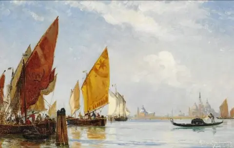 Kalastusalukset ja gondoli Venetsian laguunissa 1884