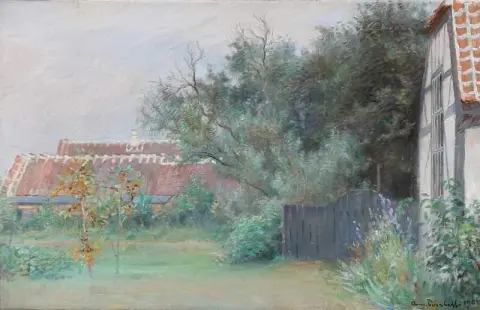 Puutarhasta Drachmann S Housen edessä Villa Pax Skagenissa 1908
