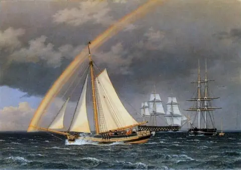 Rainbow At Sea En kryssende Yacht Med Noen Andre Skip