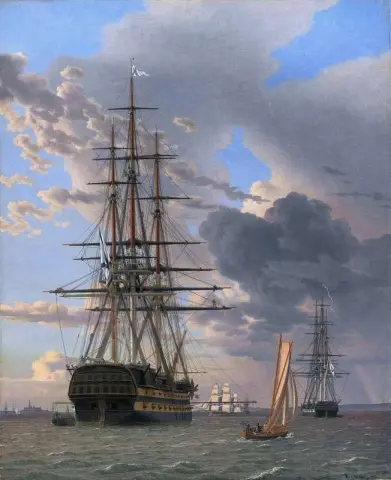 Det russiske linjeskipet Asow og en fregatt for anker ved Helsingør 1828