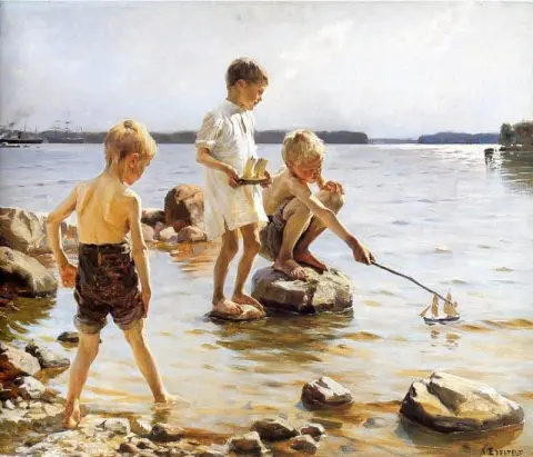 Niños jugando en la orilla 1884