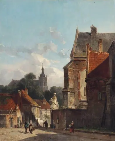 Figuurit keskustelevat hollantilaisella kadulla 1862