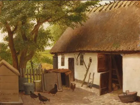 Galline che beccano il mais nel cortile 1908