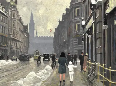 Una giornata invernale a Vester Voldgade. Sullo sfondo la piazza del municipio di Copenaghen