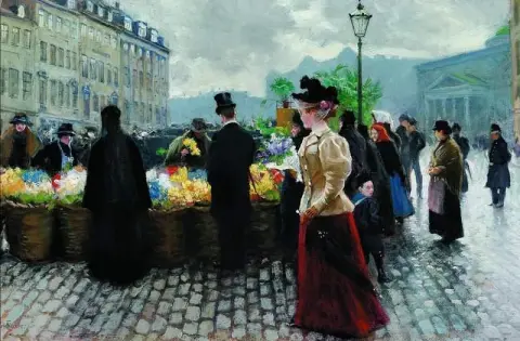 Een elegante heer met hoge hoed koopt bloemen bij H Jbro Plads vóór 1902