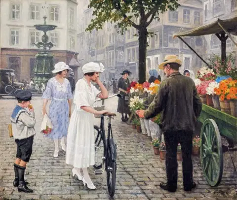 Цветочный рынок в H Jbro Plads, Копенгаген, около 1920 года.