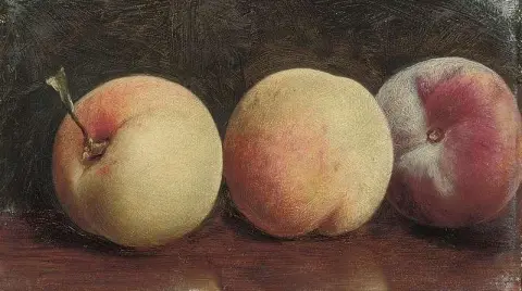 Tre pesche su un tavolo marrone, 1913 circa