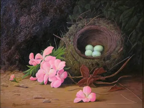 Stillleben mit Blumen und Vogelnest