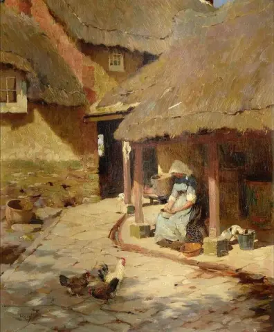 Figura junto a una cabaña