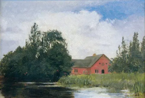 Landschapsstudie van de papierfabriek Haraldsk R bij de beek in Vejle